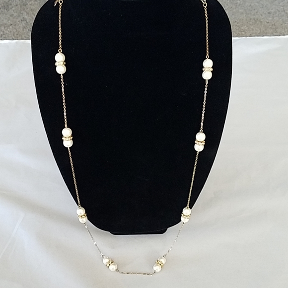 J. Crew Gold Station Necklace Faux Pearl Crystal - Picture 6 of 6